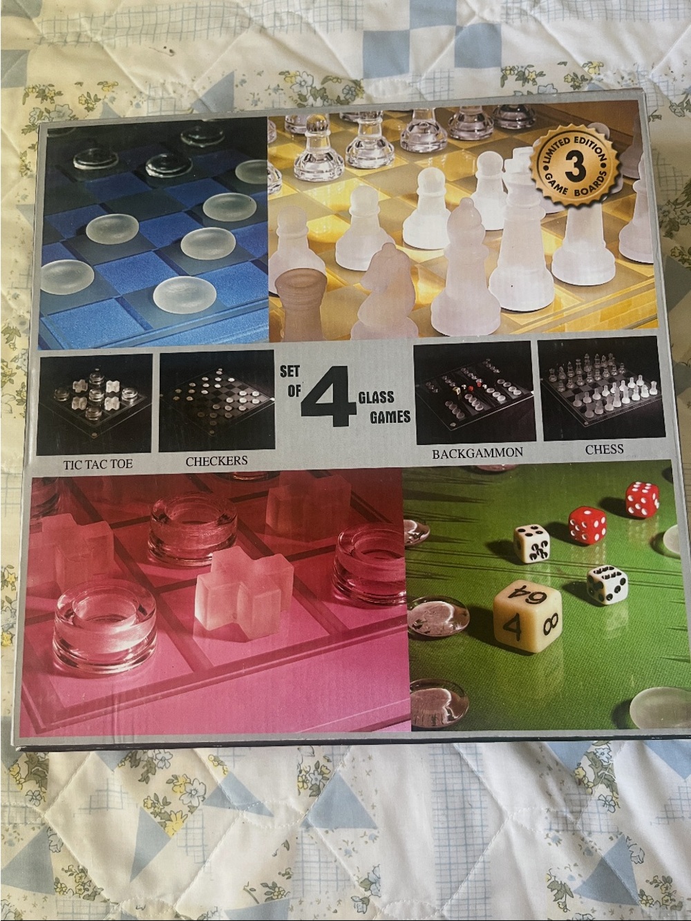 Set of 4 Glass Games - Multi-Color Chess, Checkers, Tic Tac Toe & Backgammon